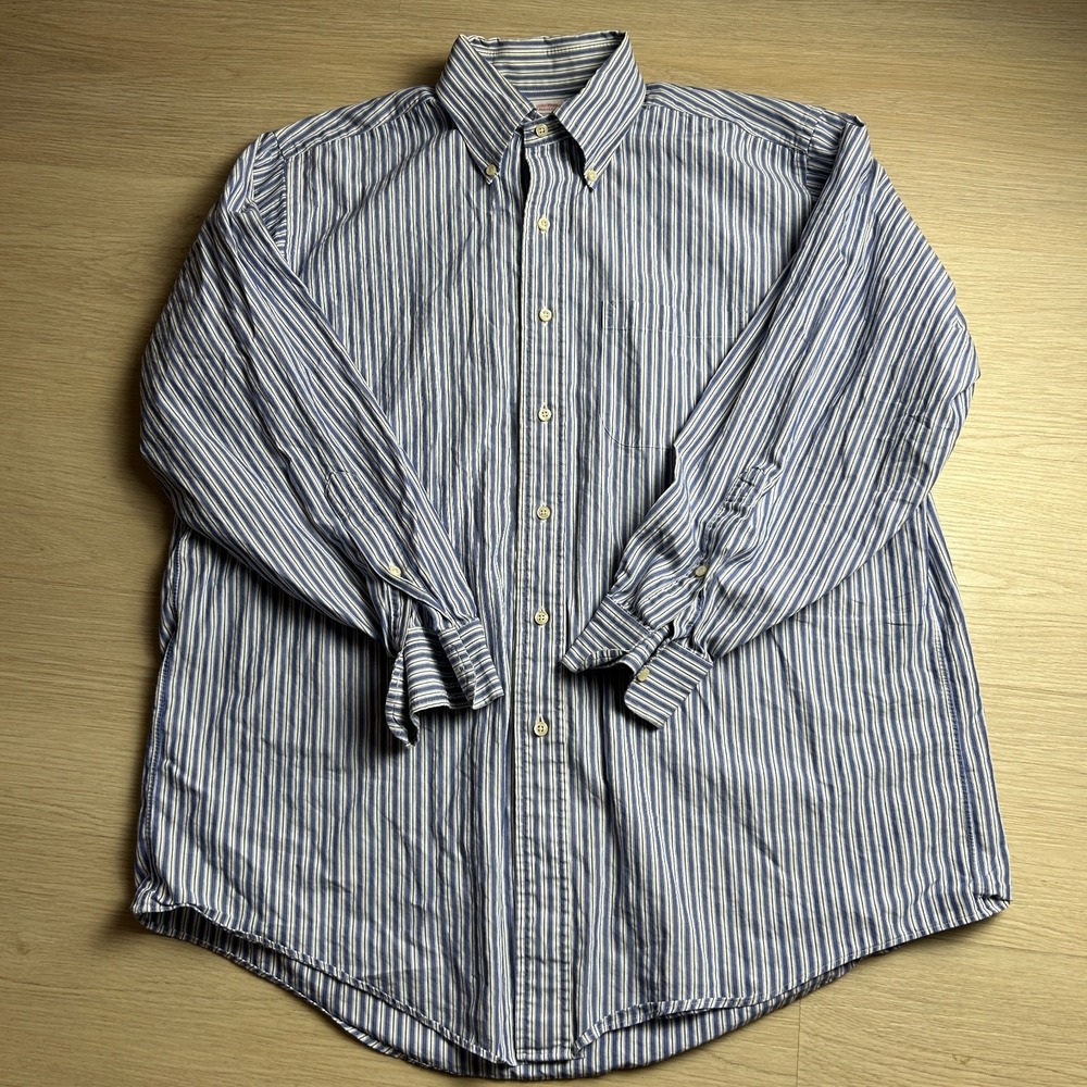 Vintage Brooks Brothers Makers Mens XL Oxford Shirt Blue White Striped OCBD 1818